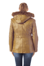 Load image into Gallery viewer, Back view of women's leather jacket with fox trimmed detachable hood, braided leather trim, in black color.