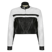 Charger l'image dans la galerie, Patchwork vegan leather jacket in black and white with unique design, offering style, comfort, and durability for standout fashion statements.