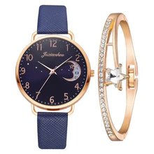 Charger l'image dans la galerie, Moon Bracelet & Watch Set with blue dial, rose gold accents, and crystal-embellished bracelet; elegant style for modern women.