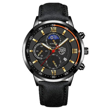 Cargar imagen en el visor de la galería, Men's Casual Leather Watch with black strap and sophisticated dial design, featuring classic Roman numerals and modern functionality.