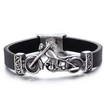 Cargar imagen en el visor de la galería, Men's black leather bracelet with silver motorcycle charm, stylish and sophisticated accessory for parties or casual wear.