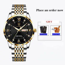 Load image into Gallery viewer, Men's stainless steel watch with black dial, gold accents, date feature; includes original box and tool gift, order now.