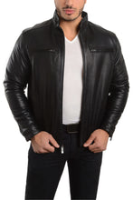 Load image into Gallery viewer, REED men's lambskin leather jacket with stand-up collar, front zip closure, black, perfect for winter, stylish and imported quality.