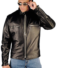 Cargar imagen en el visor de la galería, REED Men's Naked Cow Leather Motorcycle Jacket Made in USA, stylish and protective, worn by model in sunglasses.