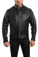 Cargar imagen en el visor de la galería, REED Men's Premium Leather Motorcycle Jacket, Black, made in USA, featuring naked cow leather and adjustable side buckle for bikers.