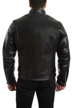 Cargar imagen en el visor de la galería, Back view of REED Men's Premium Quality Black Leather Motorcycle Coat with adjustable side buckles, made in USA, showcasing durability.