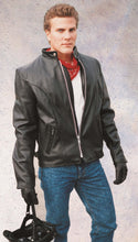 Cargar imagen en el visor de la galería, Man wearing REED Classic Motorcycle Leather Jacket, black leather, standing with motorcycle helmet, showcasing full-grain durability.