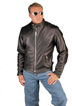 Cargar imagen en el visor de la galería, Man wearing REED Classic Motorcycle Leather Jacket in black, made from soft, durable naked cow leather, styled casually.
