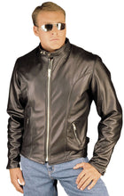 Cargar imagen en el visor de la galería, Man wearing REED Classic Motorcycle Leather Jacket in black made from full-grain leather, showcasing timeless American-made quality.