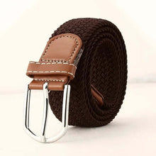 Cargar imagen en el visor de la galería, Elastic vegan leather belt with alloy buckle, rolled up view, showcasing stitch details and brown texture.
