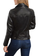 Cargar imagen en el visor de la galería, REED EST. 1950 Women's Lambskin Leather Biker Jacket, black, genuine leather, back view, premium quality, classic style.