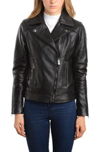 Cargar imagen en el visor de la galería, REED Women's Black Lambskin Leather Biker Jacket, imported, classic motorcycle style, premium quality, 100% genuine leather.