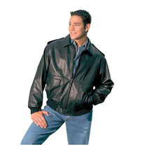 Cargar imagen en el visor de la galería, Model wearing REED Men's Bomber Leather Jacket, union made in USA, showcasing classic design and durability with naked cow leather.