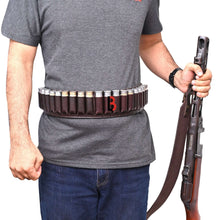 Cargar imagen en el visor de la galería, Cowhide Leather Shotshell Bandolier Belt Shotgun Shell Belt Ammunition Carrier shown on a person holding a shotgun.
