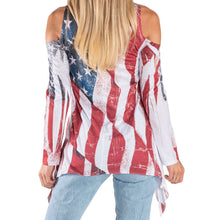 Load image into Gallery viewer, Women's Made in USA Cold Shoulder Tunic with American flag design, long sleeve, shark bite hem, perfect for summer and patriotic occasions.