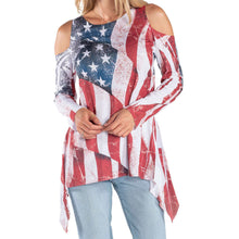 Load image into Gallery viewer, Women's cold shoulder tunic with American flag design, long sleeve, shark bite hem, Made in USA, summer wear