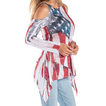 Load image into Gallery viewer, Women's USA Flag Cold Shoulder Tunic with Shark Bite Hem