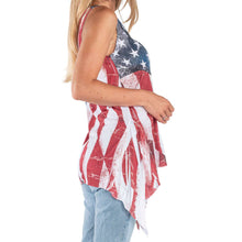 Load image into Gallery viewer, Women's sharkbite tunic with American flag design, sleeveless, Made in USA, perfect for summer, paired with jeans for a patriotic look.