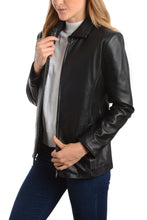 Load image into Gallery viewer, REED Women's Lambskin 26" Classic Leather Jacket, imported, timeless winter fashion, model wearing black jacket with satin lining.