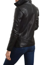 Cargar imagen en el visor de la galería, Back view of REED Women's Jacket in genuine black lambskin leather with stand-up collar, showcasing premium quality and sleek design.