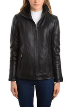 Cargar imagen en el visor de la galería, REED Women's black genuine lambskin leather jacket with stand up collar, sleek design, high-quality finish, and front zip-up closure.