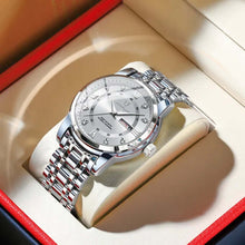Load image into Gallery viewer, Luxury men's watch in elegant silver with a classic design, displayed in an open red box, symbolizing success and sophistication.