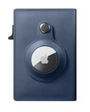 Load image into Gallery viewer, Blue vegan leather RFID blocking wallet with Airtag holder, perfect for security and style-conscious users.