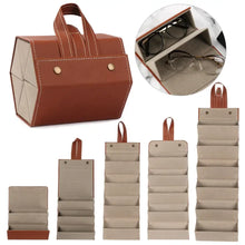 Cargar imagen en el visor de la galería, Brown portable eyeglasses storage case with multiple PU leather slots for sunglasses; versatile design and travel-friendly.
