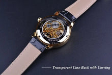 Load image into Gallery viewer, Men’s luxury watch with transparent case back, showcasing intricate mechanical carving.