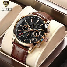 Load image into Gallery viewer, Luxury LIGE men's watch with vegan leather strap, featuring a chronograph function and gold accents, perfect for gifts.