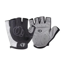 Cargar imagen en el visor de la galería, Gray and black cycling gloves with logo, designed for comfort and grip, featuring padding for protection against blisters and abrasions.