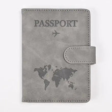 Cargar imagen en el visor de la galería, Gray PU leather passport holder with a world map design, ideal for stylish and organized travel.