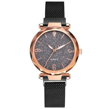 Cargar imagen en el visor de la galería, Rose Gold Women Watch with sleek design and black mesh band, showcasing elegance and sophistication for versatile fashion statements.