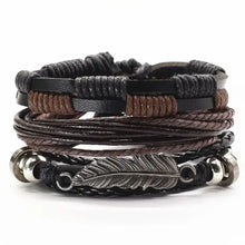 Cargar imagen en el visor de la galería, Men's leather bracelets with rugged design featuring brown and black bands and a silver feather detail, perfect for casual or formal wear.
