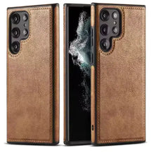 Cargar imagen en el visor de la galería, EliteGuard PU Leather Phone Case for Samsung Galaxy, showcasing premium brown texture and sleek design for stylish protection.