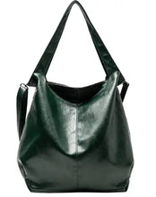 Cargar imagen en el visor de la galería, Retro Luxury Shoulder Bag in green vegan PU leather, spacious casual tote for everyday elegance and organization.