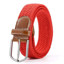 Cargar imagen en el visor de la galería, Red elastic leather belt with alloy buckle, vegan-friendly, offering comfort and style enhancement. Ideal for casual or formal outfits.