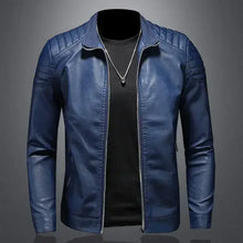Charger l'image dans la galerie, Blue men's vegan leather motorcycle jacket with quilted shoulders and black inner shirt, perfect for stylish and protective riding.