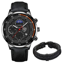 Cargar imagen en el visor de la galería, Men's casual leather watch with black dial and band, accompanied by stylish black bracelet. Elegant, durable, timeless design.