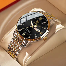 Load image into Gallery viewer, Men's stainless steel watch with a sleek black dial, Roman numerals, and two-tone bracelet, showcasing elegance and functionality.