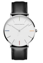 Cargar imagen en el visor de la galería, Rose gold dial leather watch with minimalist design and genuine leather strap, perfect for both casual and formal attire.
