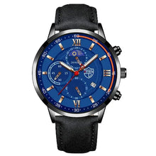 Cargar imagen en el visor de la galería, Men's casual leather watch with a blue dial, featuring Roman numerals and a black leather strap, showcasing timeless elegance and modern functionality.