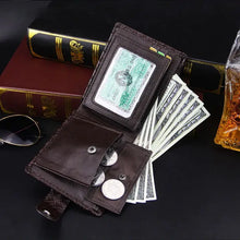 Cargar imagen en el visor de la galería, Men's wallet with retro woven pattern, PU leather, open with cash and coins, on stylish background.