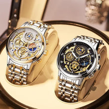 Load image into Gallery viewer, Luxury men's stainless steel watches with intricate open dial design and gold accents, displaying precise craftsmanship and style.
