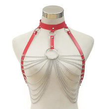 Load image into Gallery viewer, Goth leather body harness with red straps and silver chain bra, perfect for adding an edgy touch to gothic fashion styles.