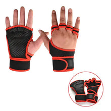 Load image into Gallery viewer, Black and red weightlifting training gloves with enhanced grip for improved control and hand protection during workouts.