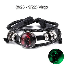 Cargar imagen en el visor de la galería, Virgo zodiac sign leather bracelet with red and green charms, stylish astrological jewelry for enhancing personal style.