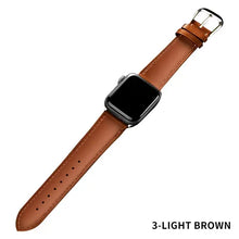 Cargar imagen en el visor de la galería, Light brown leather band for Apple Watch, compatible with Series 1-5, shown in 38mm size.