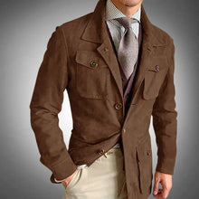 Load image into Gallery viewer, Stylish men's brown suede jacket, made from luxury Velvetron material, designed for sophistication and easy maintenance.