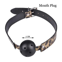 Cargar imagen en el visor de la galería, Vegan leather mouth plug with leopard print design, part of 10-Piece Leather Bondage Set for adventurous BDSM play.
